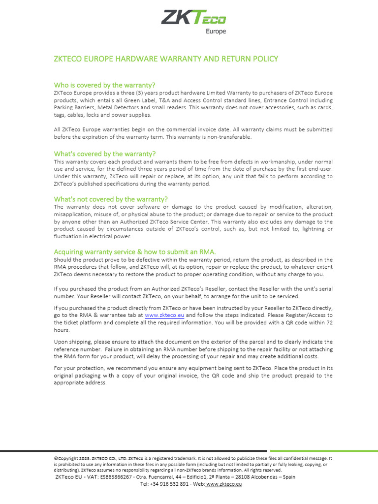 ZKTeco Europe Warranty Overview | PDF | Implied Warranty | Copyright