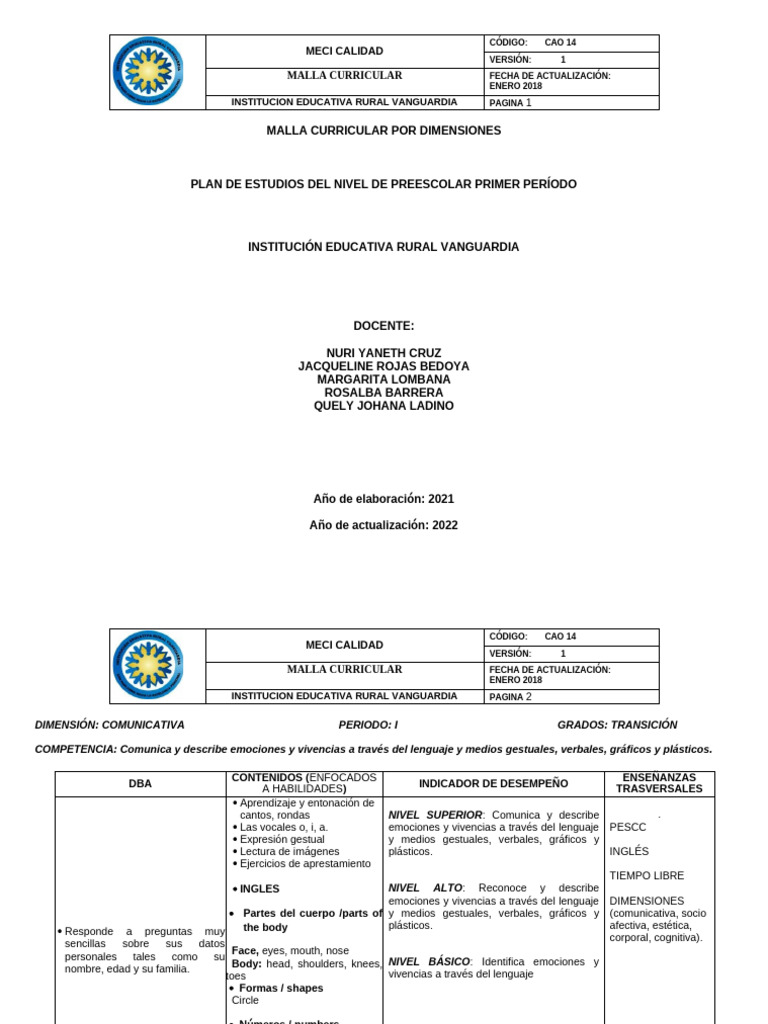 Plan de Estudios Preescolar Primer Periodo 2022 | PDF | Plan de ...