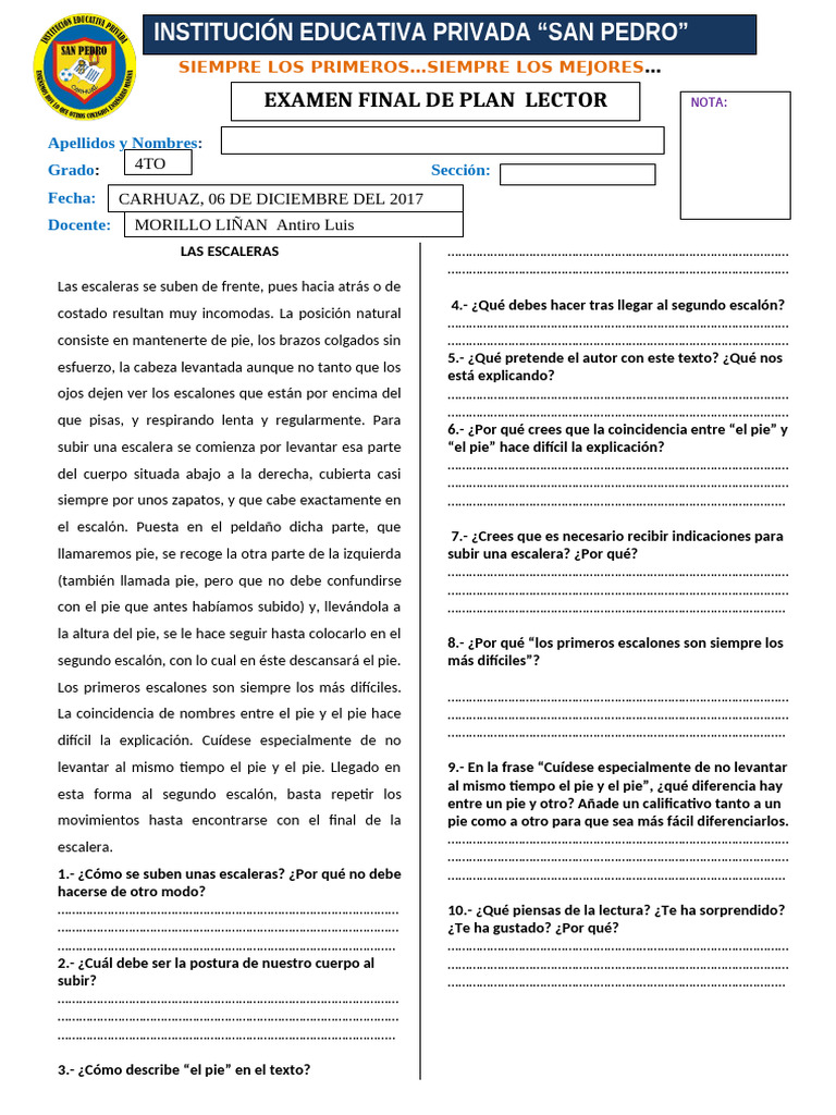 Examen Final: Plan Lector 4to Grado | PDF | Escalera