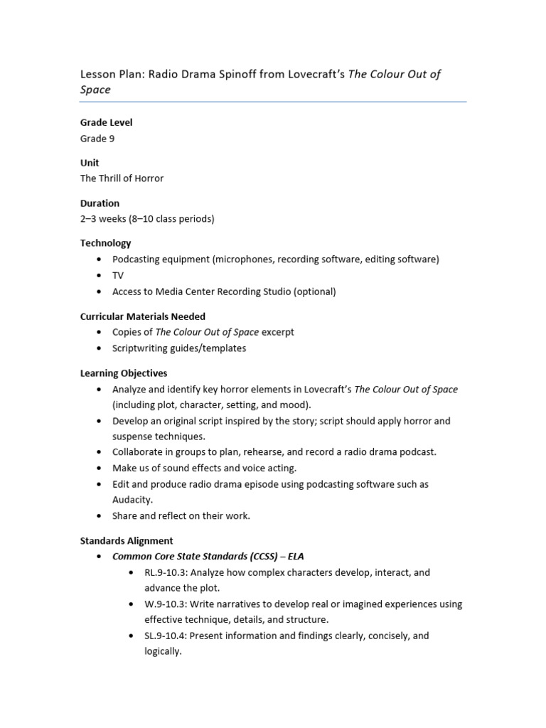 Radio Drama Podcast Lesson Plan | PDF | Podcast | Narrative