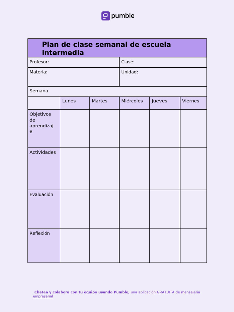 Plan de Clase Semanal para Escuela Intermedia | PDF