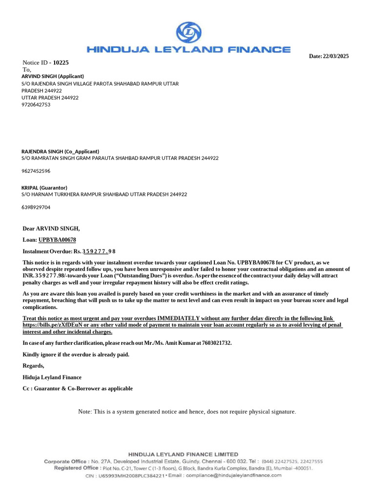 Loan Overdue Notice for Arvind Singh | PDF