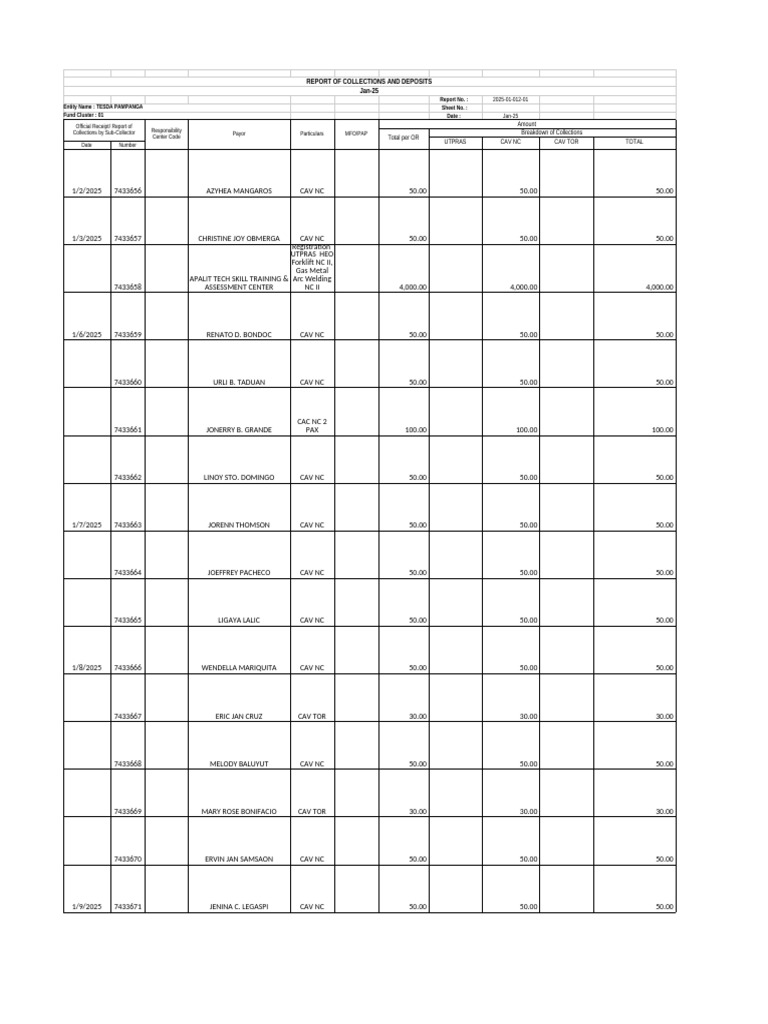 TESDA Pampanga Collections Report January 2025 | PDF | Electric Heating ...