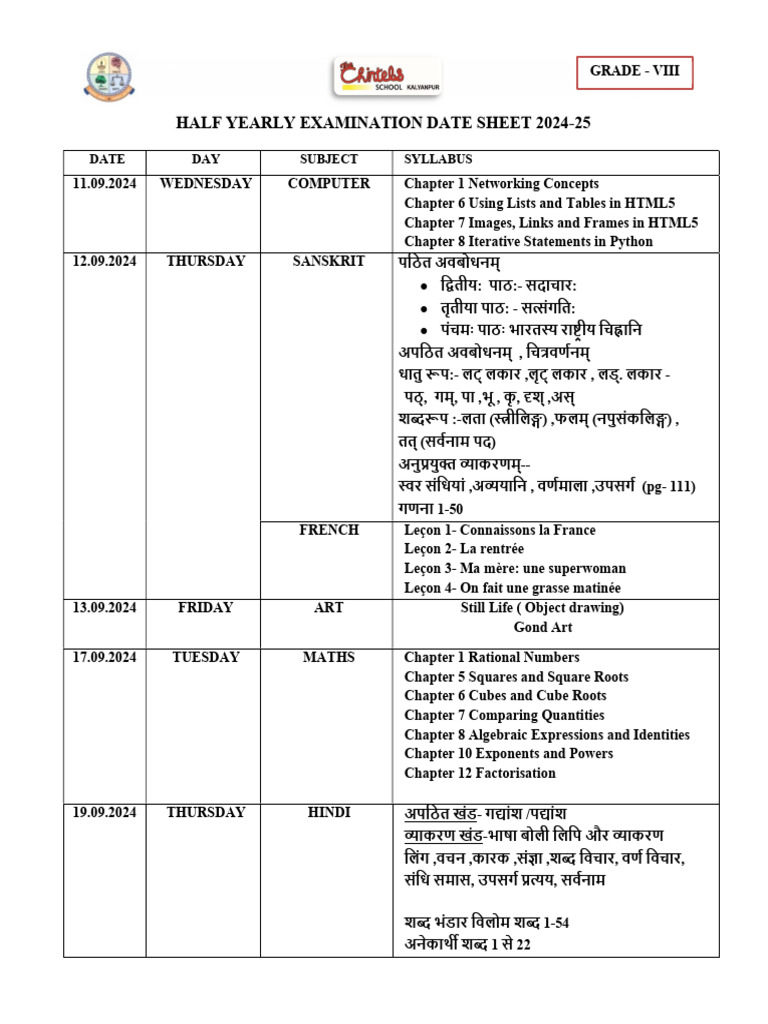 Half Yearly Exam Schedule 2024-25 | PDF