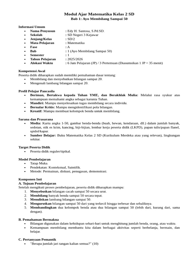 Modul Ajar Matematika Kelas 2 SD | PDF