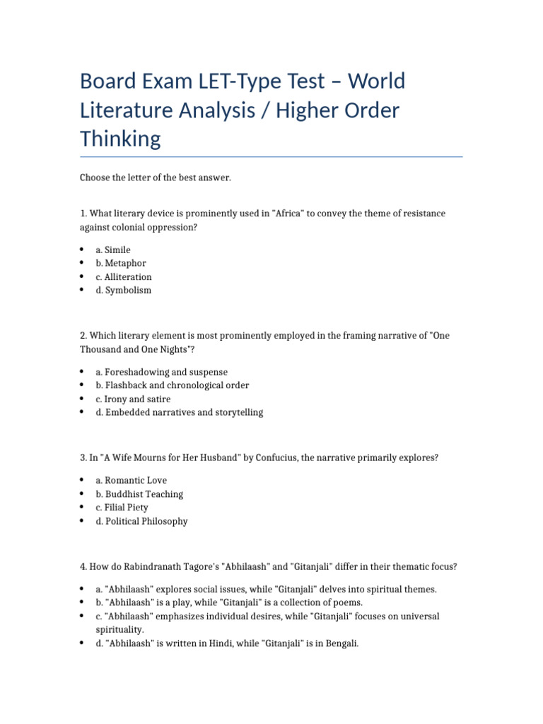 LET Exam: World Literature Insights | PDF | Poetry | One Thousand And ...