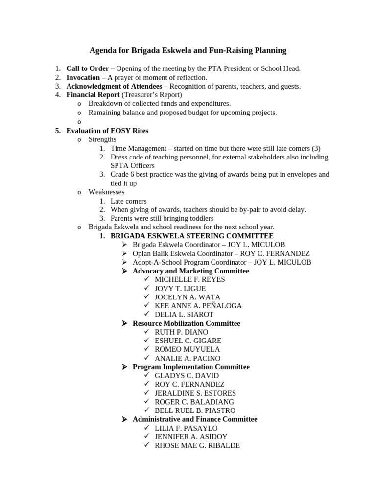 Agenda For The Brigada Planning | PDF