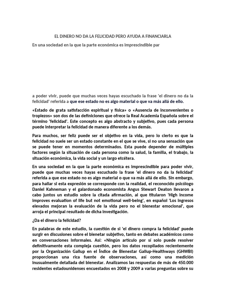 El Dinero No Da La Felicidad Pero Ayuda A Financiarla | PDF | Felicidad ...