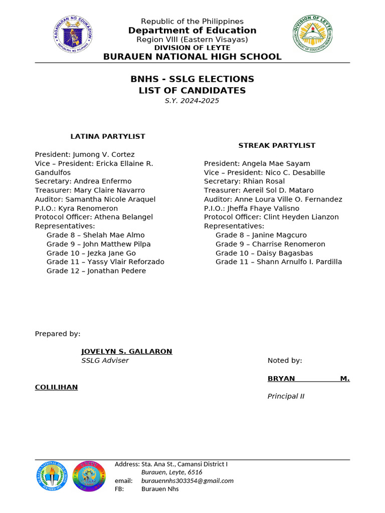 SSLG Elections Candidates 2024-2025 | PDF