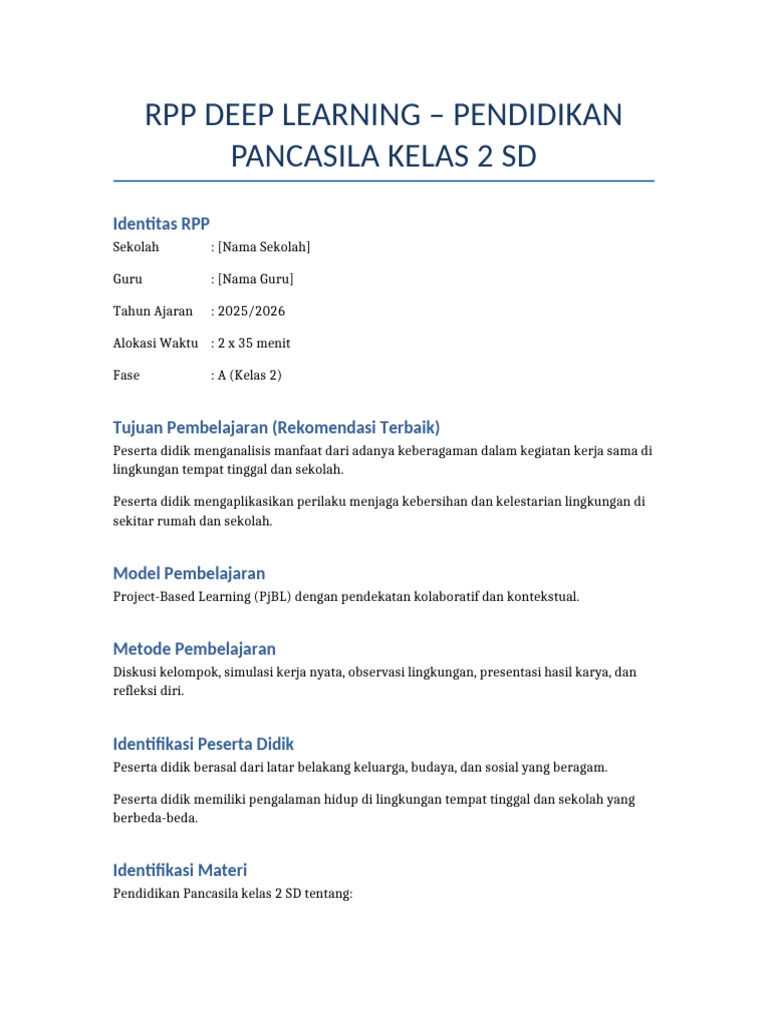 RPP Deep Learning Pancasila Kelas 2 SD | PDF