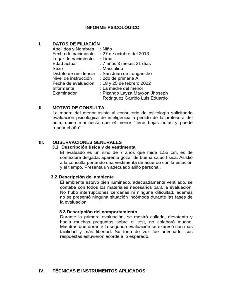 Informe Psicológico de Evaluación Infantil | PDF | Cociente de ...