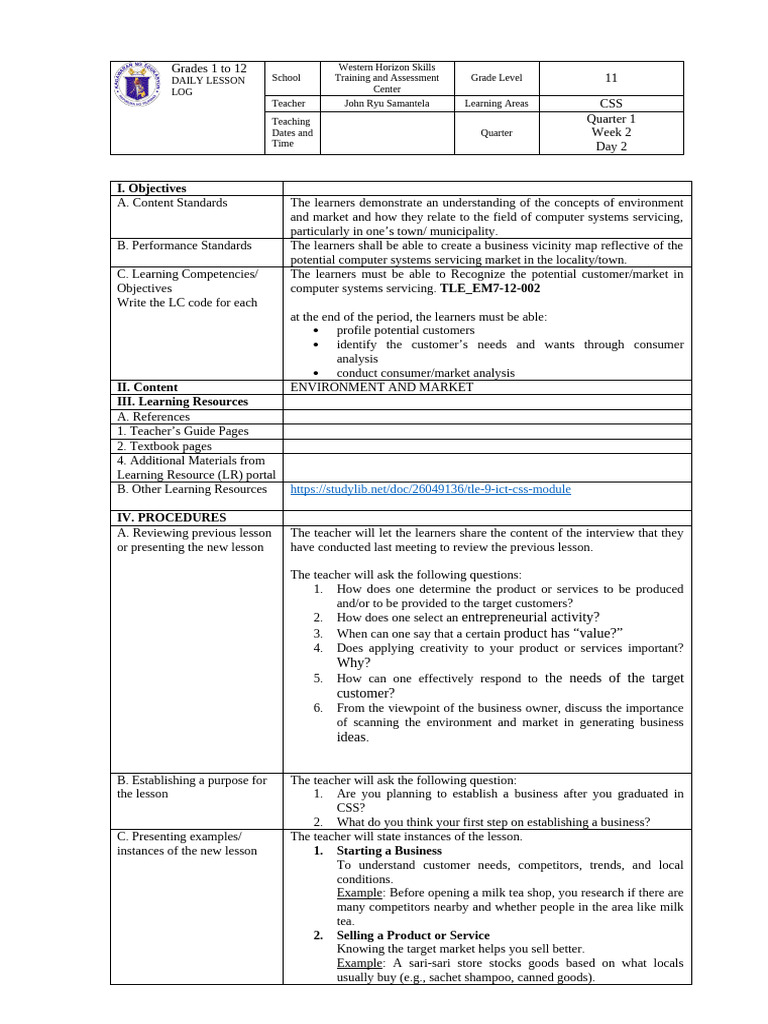 Grade 11 Computer Systems Lesson Plan | PDF | Sales | Learning