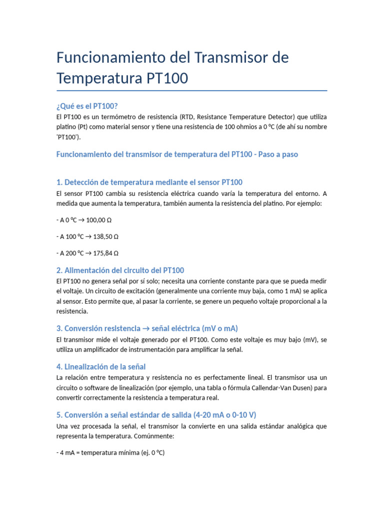 Funcionamiento del Transmisor PT100 | PDF | Sensor | Resistor