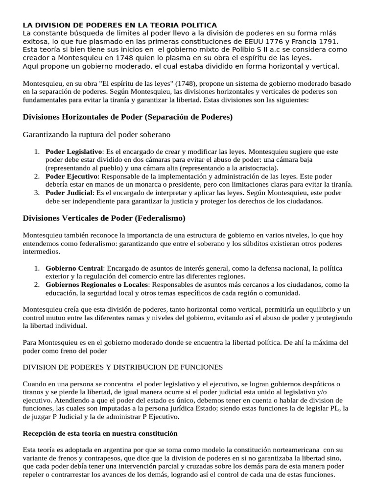 La Division de Poderes en La Teoria Politica Thea | PDF | Separación de ...