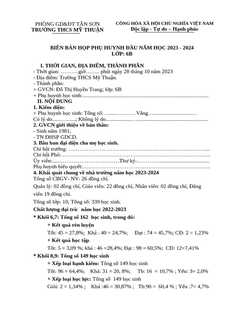 Biên Bản Họp Phụ Huynh 6b | PDF