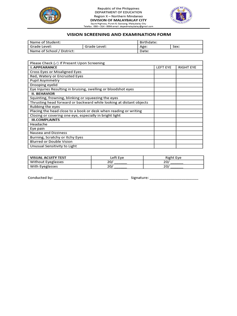 Vision Screening and Examination Form | PDF
