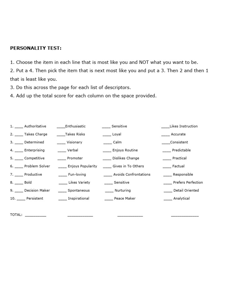Personality Test Scoring Guide | PDF