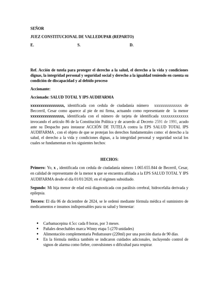 Accion - de - Tutela MODELO | PDF | Derecho Constitucional | Debido al ...