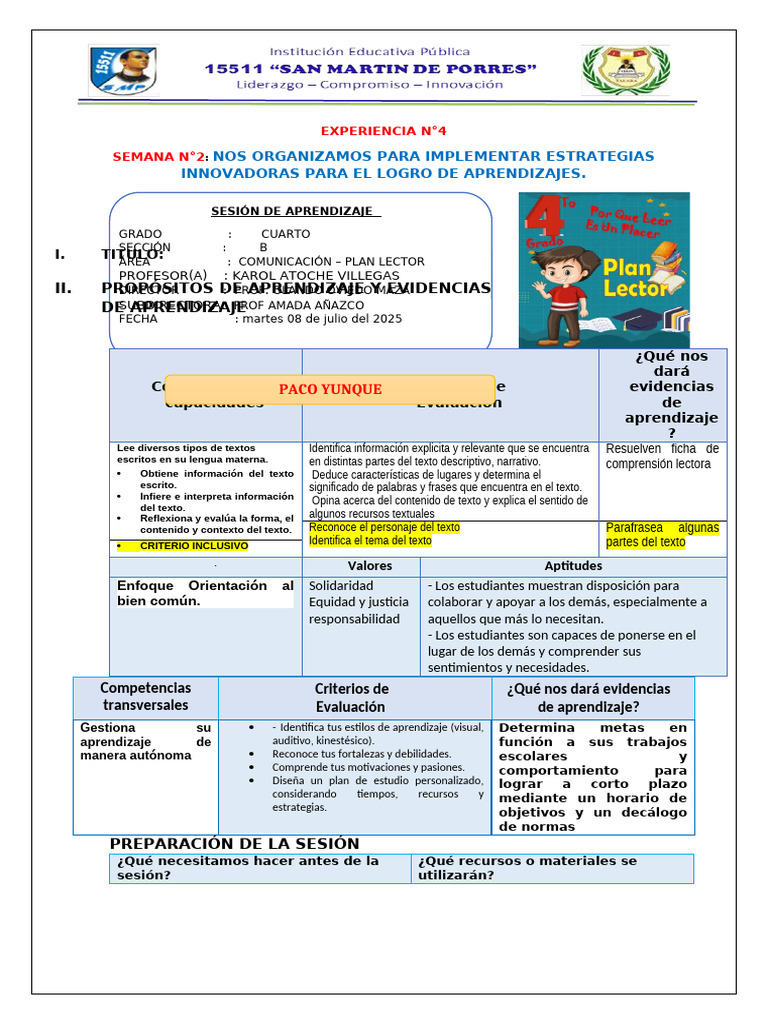MARTES 01 de Julio Plan Lector | PDF | Aprendizaje | Comprensión lectora