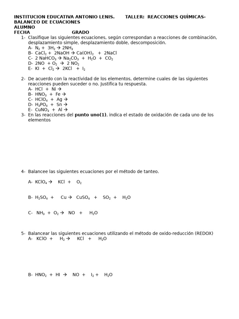 Taller Reacciones Qcas - Balanceo Ecuaciones | PDF