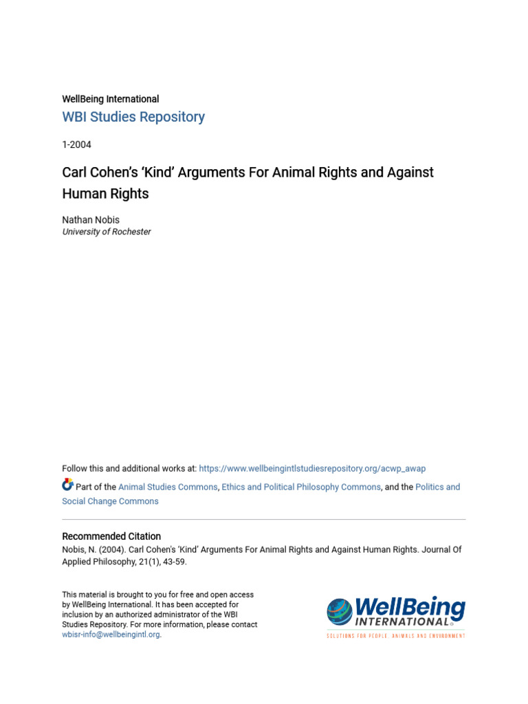 Cohen's Arguments on Animal Rights | PDF | Argument | Reason