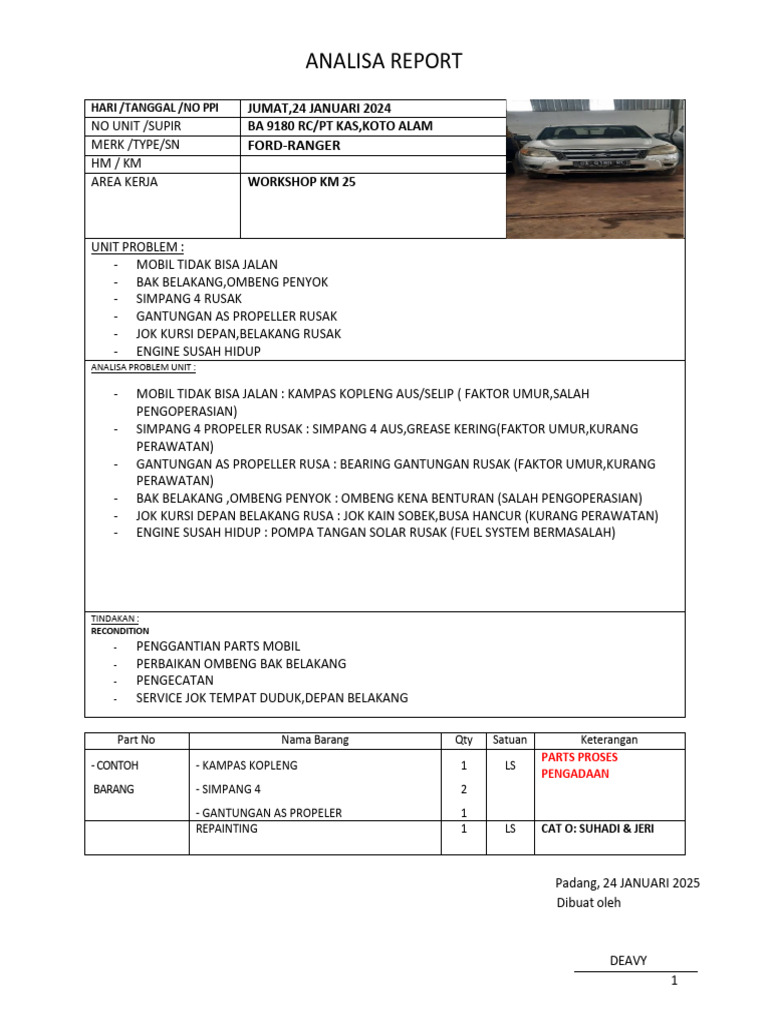 Analisa Report Ford Ranger Ba 9180 RC | PDF