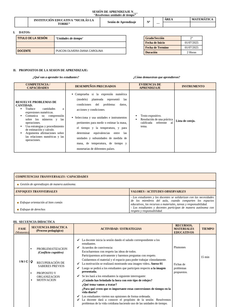 Sesion de Aprendizaje Unidades de Tiempo - Mat 2do 2025 | PDF ...