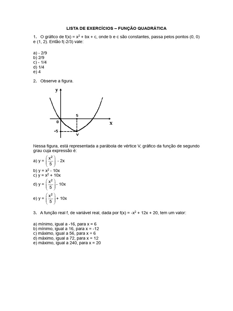 Exercícios de Função Quadrática | PDF