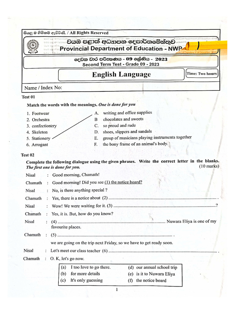 English Grade 9 Second Term Test 2023 Nwp Pdf