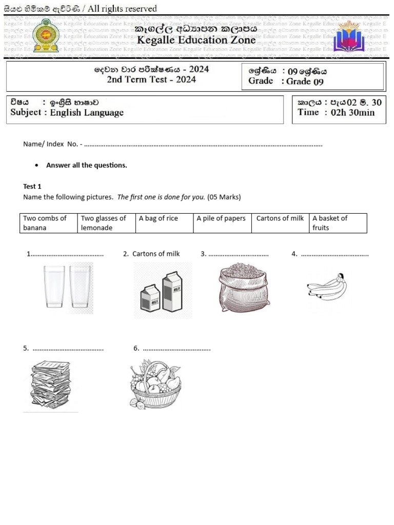 Grade 9 English Second Term Test 2024 | PDF