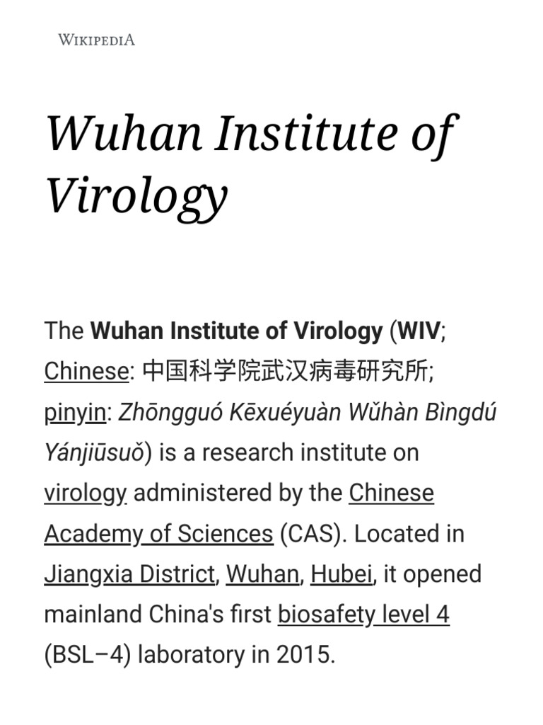 Wuhan Institute of Virology - Wikipedia | PDF | Microbiology | Biology