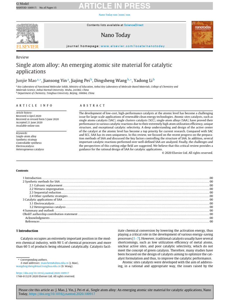 Single Atom Alloy Catalysts Review | PDF | Catalysis | Chemical Reactions