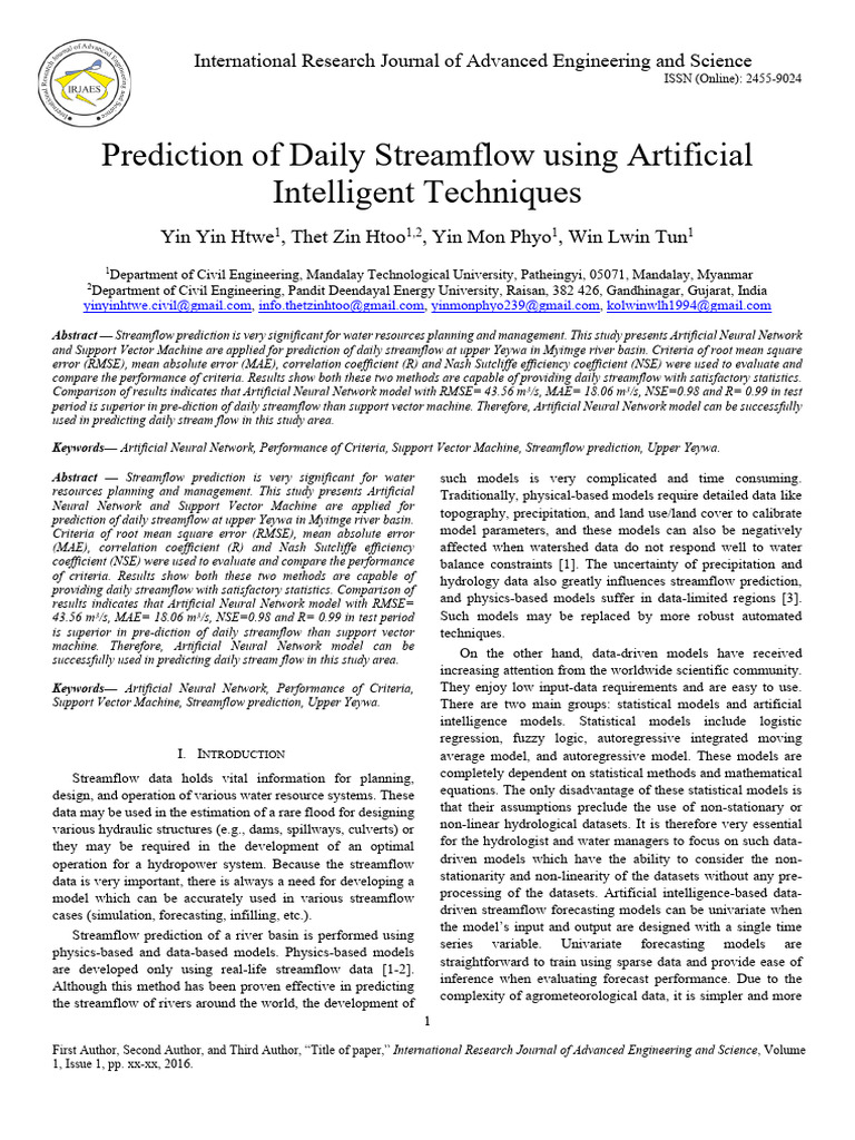 Prediction of Daily Streamflow Using Artificial Intelligent Techniques ...