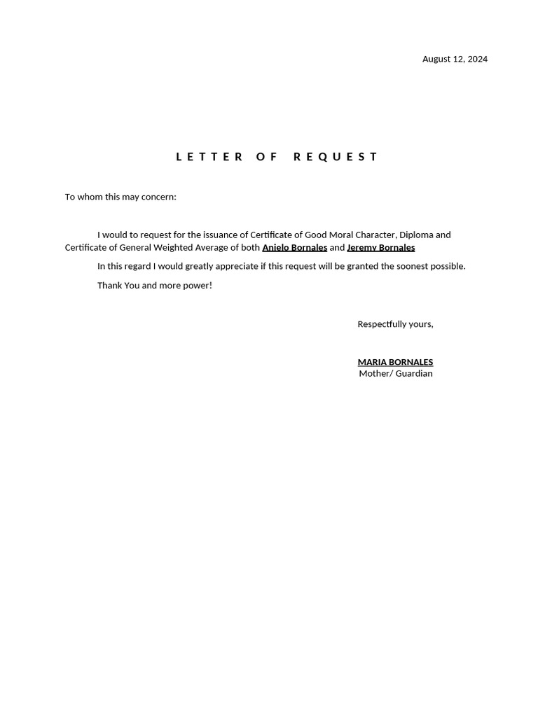 Request for Certificates for Anjelo | PDF
