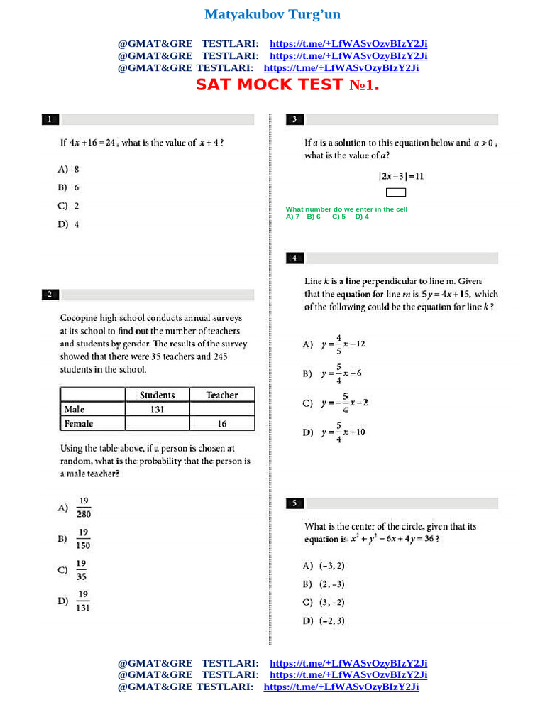 SAT Mock Test Questions | PDF | Academic Administration | Recruitment