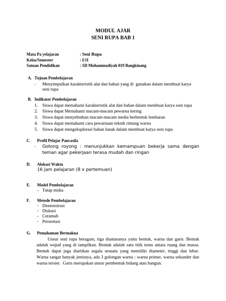 Modul Ajar Seni Rupa Kelas 1 SD | PDF