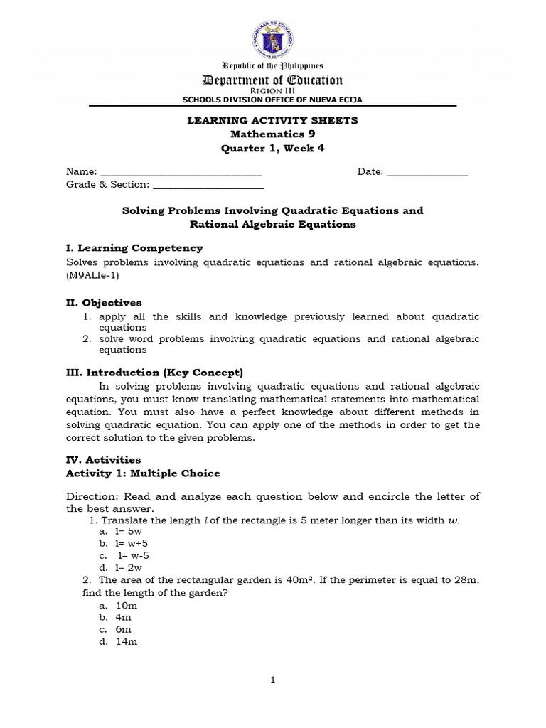 Quadratic and Rational Equations Activities | PDF | Equations | Area