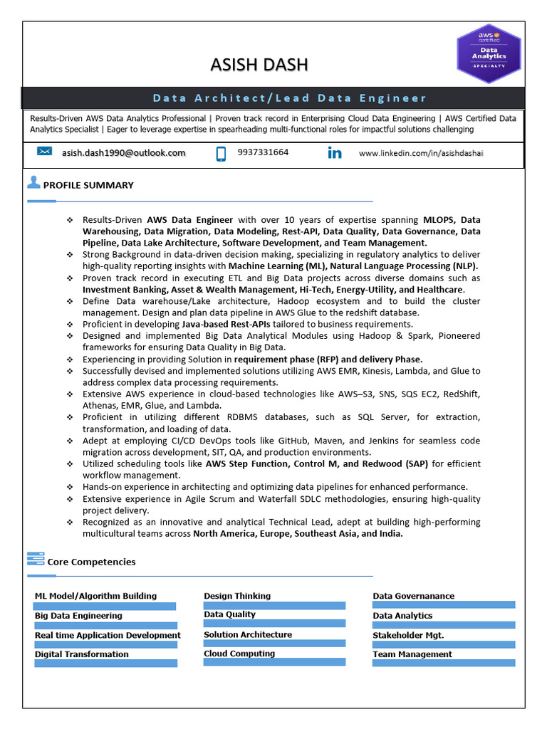 Asish Dash: AWS Data Engineer Profile | PDF | Apache Spark | Software ...
