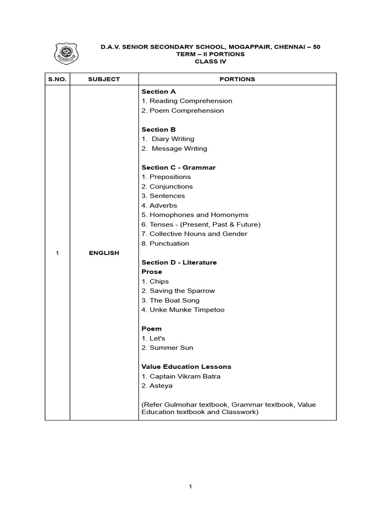 Class IV Term 2 Portions | PDF
