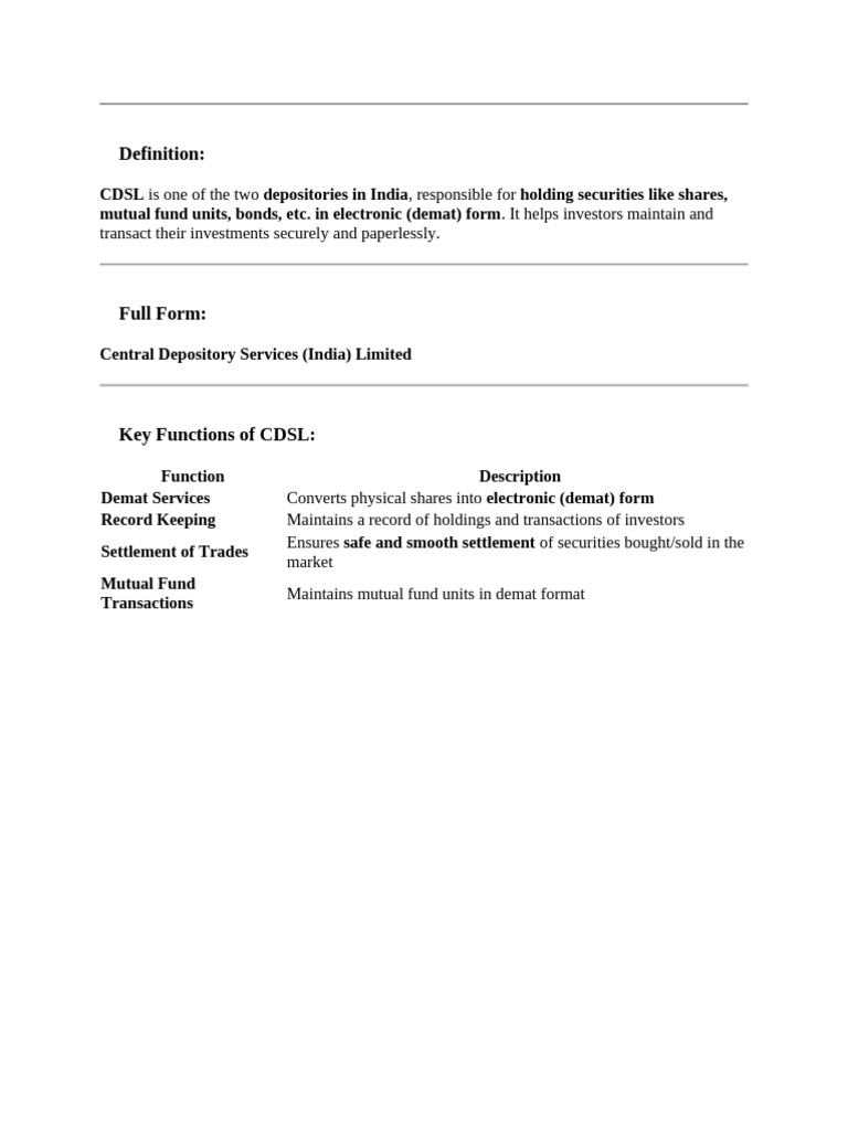 Overview of CDSL Functions and Services | PDF