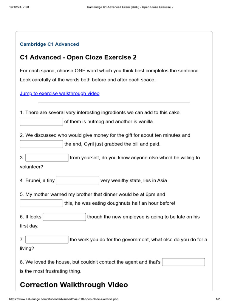 CAE C1 Open Cloze Exercise 2 | PDF