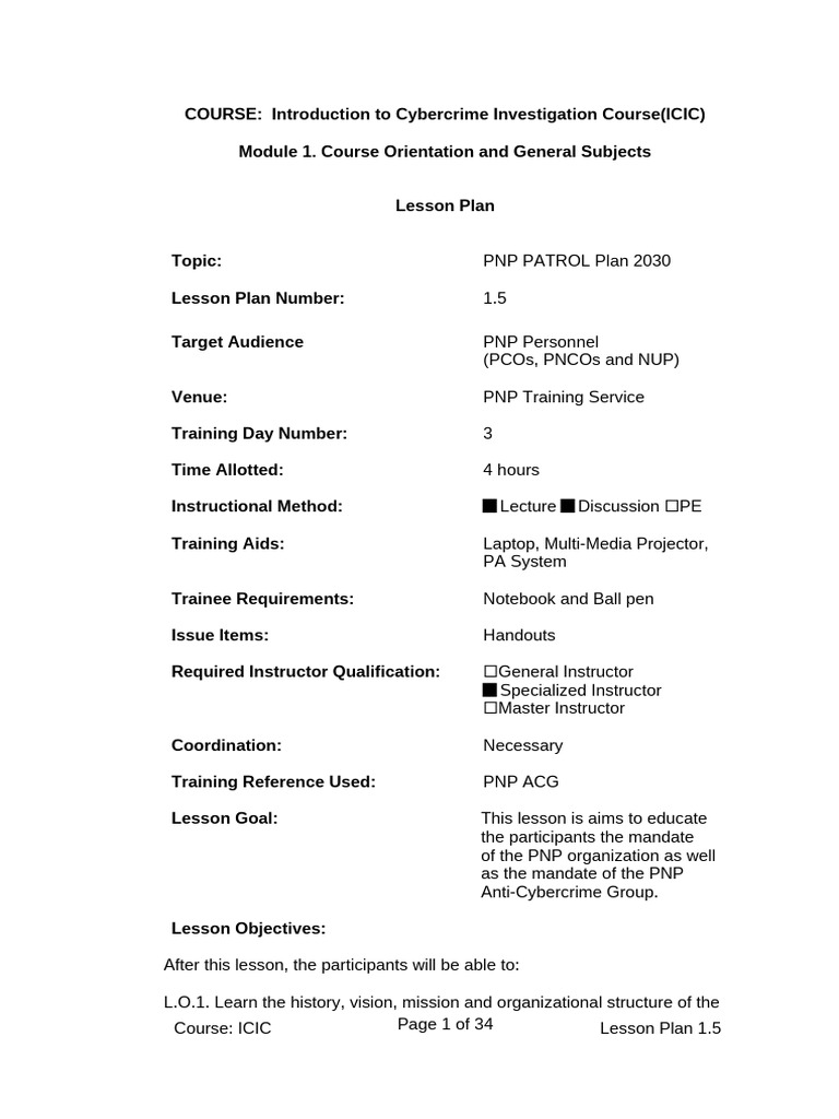 Lesson Plan 1.5 PNP Patrol Plan 2030 | PDF | Strategic Management ...