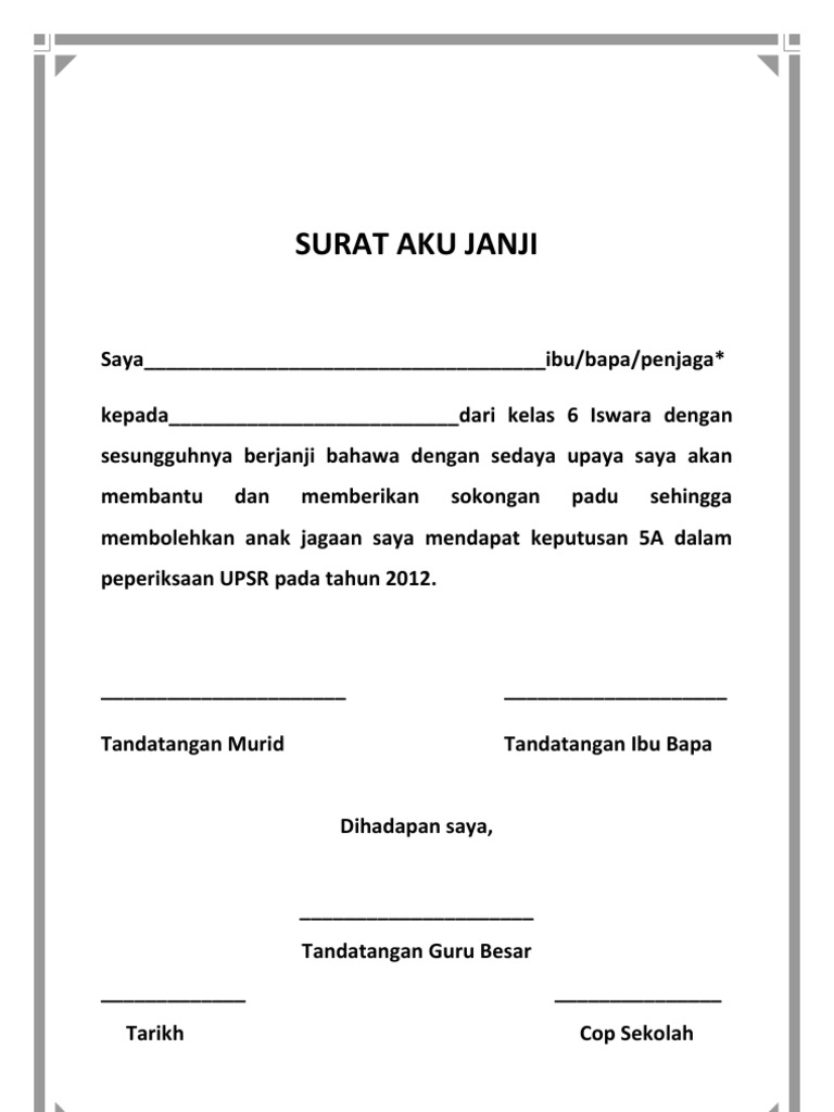 Contoh Borang Surat Aku Janji Ibubapa Prasekolah