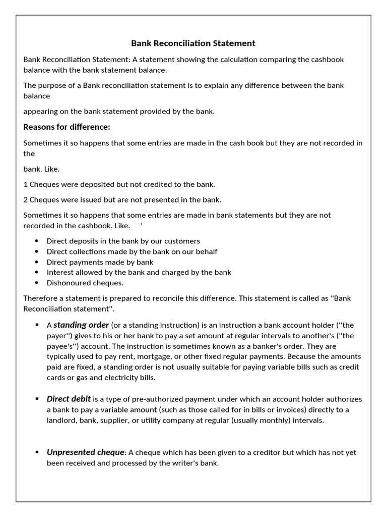 Bank Reconciliation Statement Overview | PDF | Banks | Payments