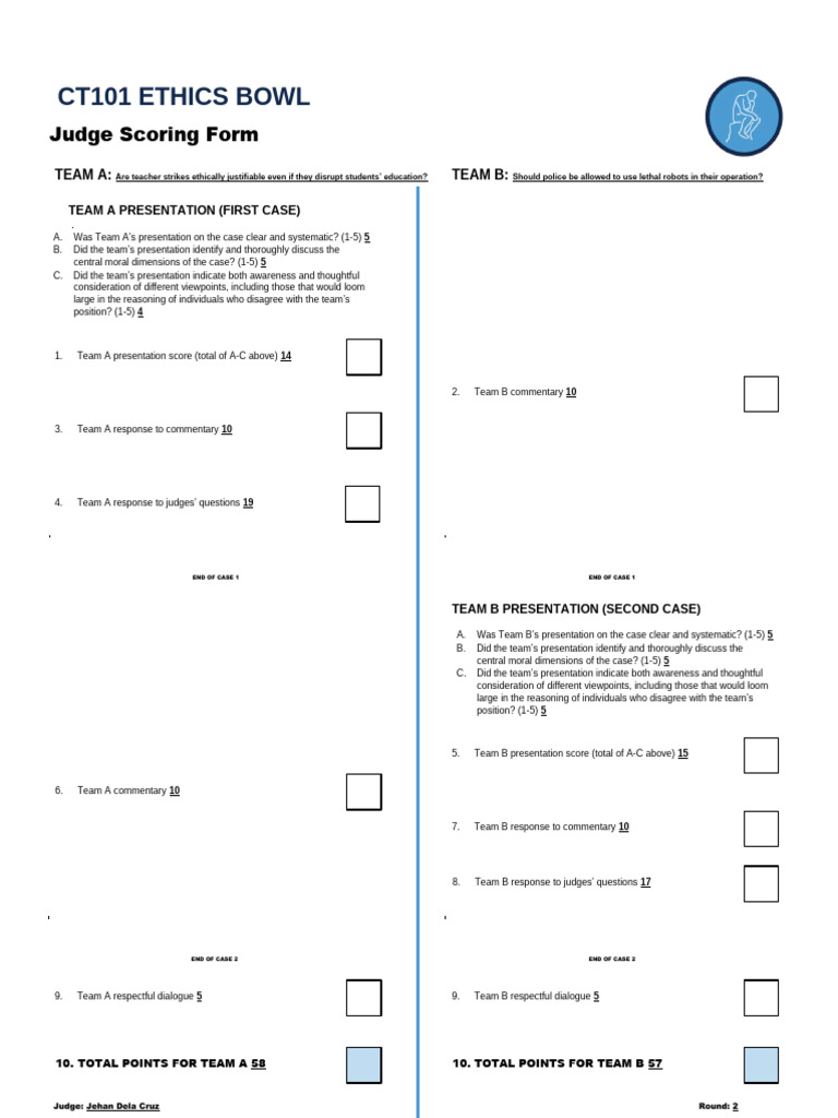 CT101 Ethics Bowl Judge Scoring Form | PDF