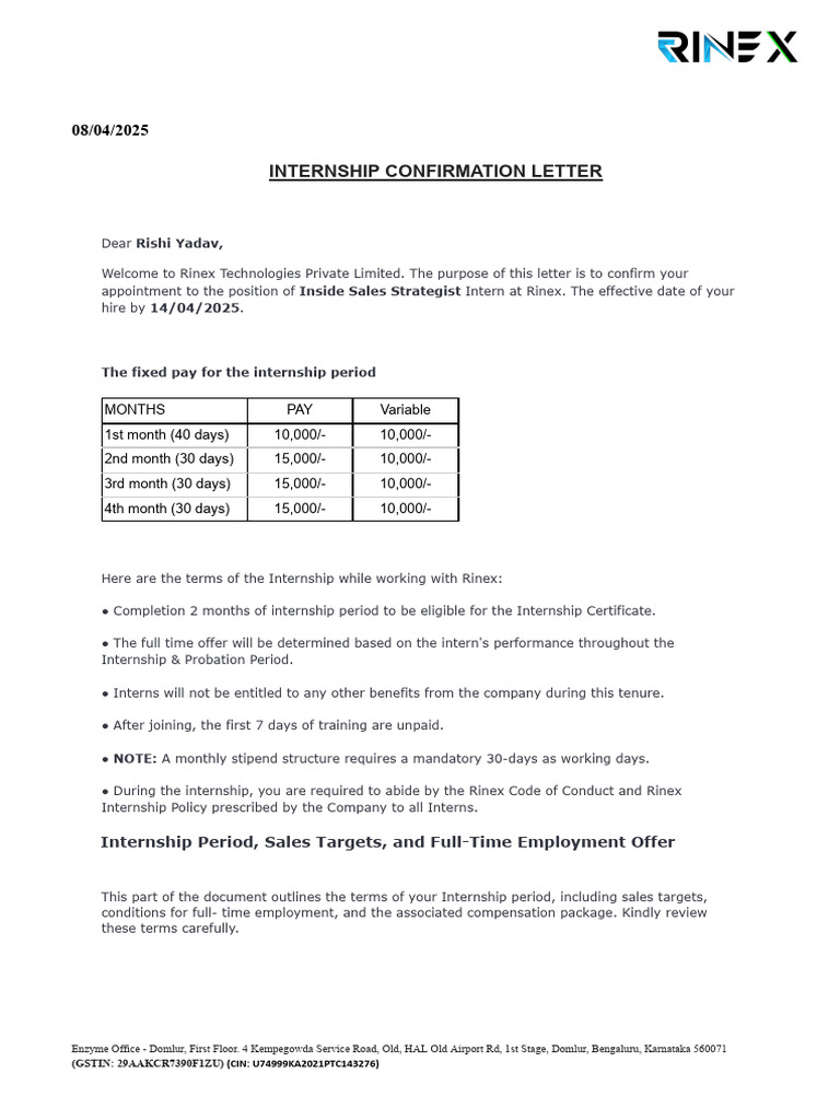 Rinex Internship Confirmation Letter | PDF | Employment | Internship
