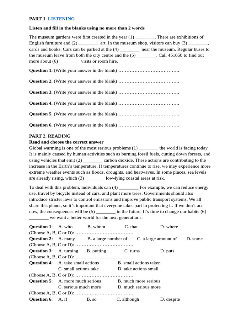 B1 Listening and Reading Practice Test | PDF | Environmental Impact ...