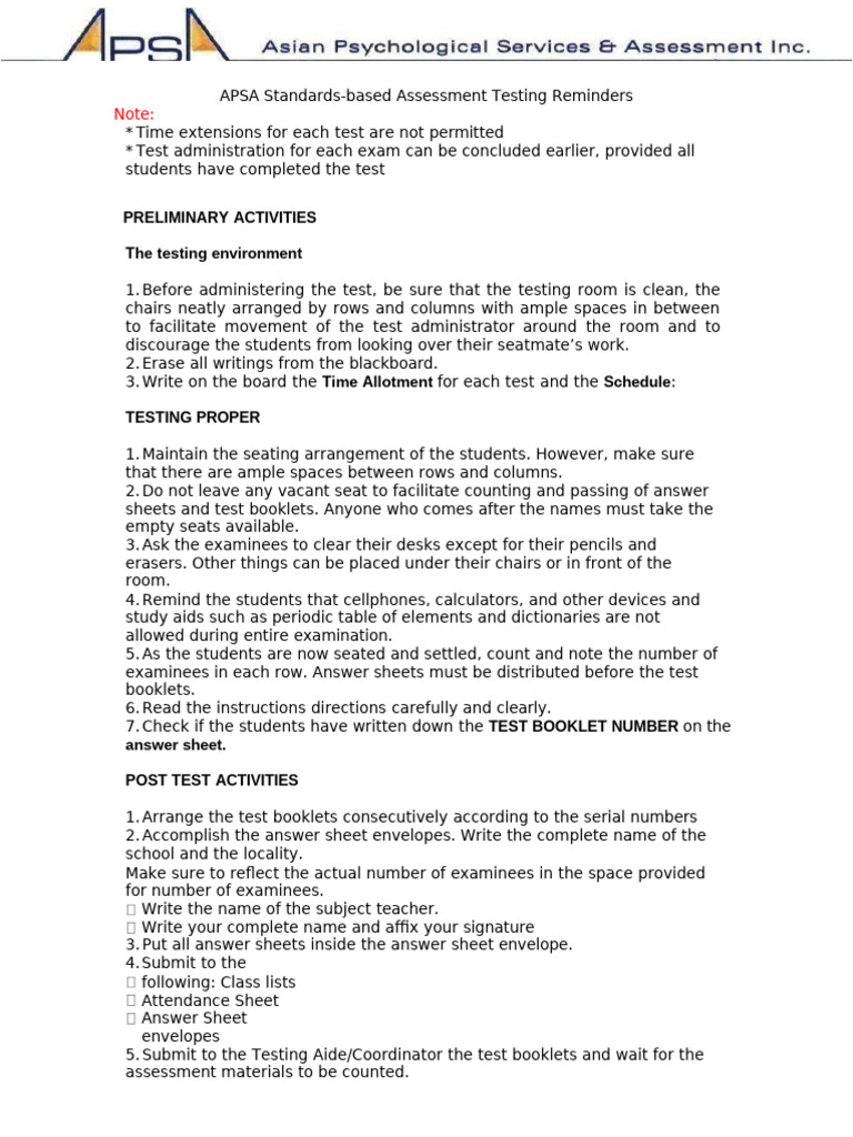 CAI Testing Reminders | PDF