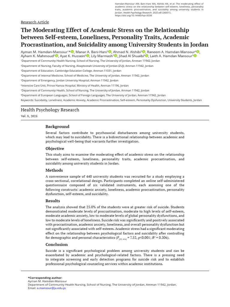 2025 - HPR - Moderating Effect of Academic Stress On | PDF | Self ...