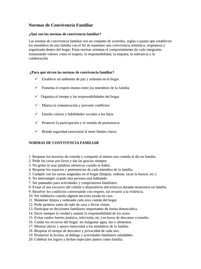 Normas de Convivencia Familiar Esenciales | PDF